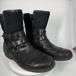 UGG Mid Calf Boots Womens Size 12 Black Leather Round Toe Buckle Strap Side Zip